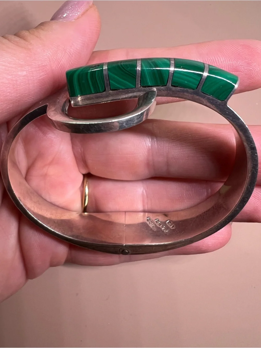 950 Silver Cuff Bracelet with Green Malachite Inlay